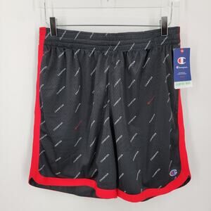 Champion Shorts Mens Large Black Red All Over Logo Print Athletic Pockets